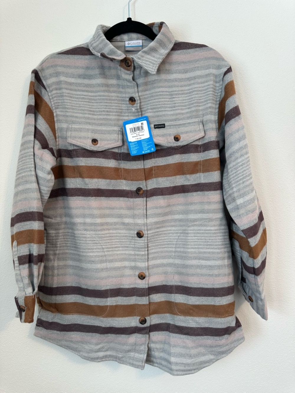 COLUMBIA Calico Basin Striped Button-Up Shirt Jkt, Gray, Brown,Mauve NWT Size S